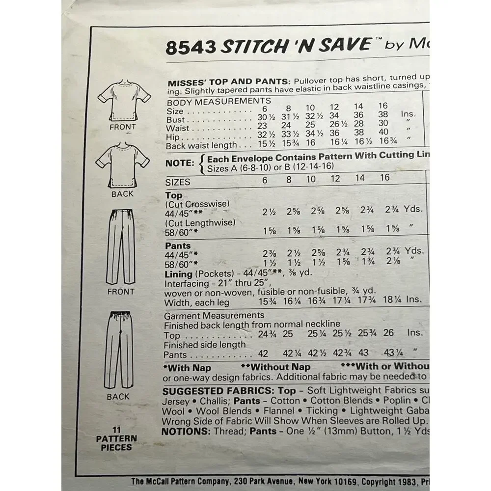 McCalls 8543 Sewing pattern knit top half sleeve pant pleat front size 12 14 16